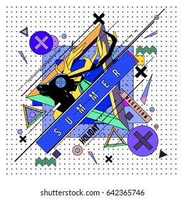Trendy vector summer cards illustration with deer icon and abstract elements colorful textures. Design for poster, card, invitation, brochure, and promotion template. Fashion art print and background.