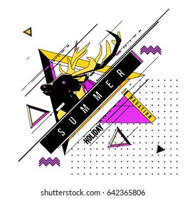 Trendy vector summer cards illustration with deer icon and abstract elements colorful textures. Design for poster, card, invitation, brochure, and promotion template. Fashion art print and background.