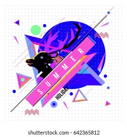 Trendy vector summer cards illustration with deer icon and abstract elements colorful textures. Design for poster, card, invitation, brochure, and promotion template. Fashion art print and background.