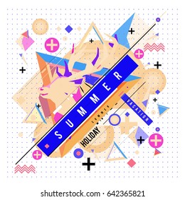 Trendy vector summer cards illustration with deer icon and abstract elements colorful textures. Design for poster, card, invitation, brochure, and promotion template. Fashion art print and background.