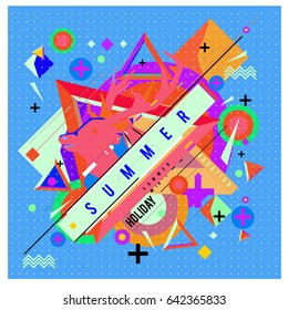 Trendy vector summer cards illustration with deer icon and abstract elements colorful textures. Design for poster, card, invitation, brochure, and promotion template. Fashion art print and background.