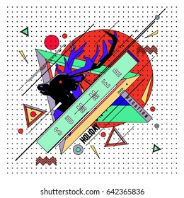 Trendy vector summer cards illustration with deer icon and abstract elements colorful textures. Design for poster, card, invitation, brochure, and promotion template. Fashion art print and background.