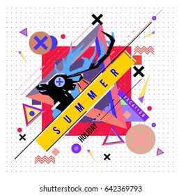 Trendy vector summer cards illustration with deer icon and abstract elements colorful textures. Design for poster, card, invitation, brochure, and promotion template. Fashion art print and background.