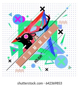 Trendy vector summer cards illustration with deer icon and abstract elements colorful textures. Design for poster, card, invitation, brochure, and promotion template. Fashion art print and background.