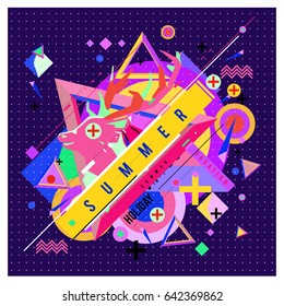Trendy vector summer cards illustration with deer icon and abstract elements colorful textures. Design for poster, card, invitation, brochure, and promotion template. Fashion art print and background.