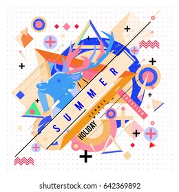 Trendy vector summer cards illustration with deer icon and abstract elements colorful textures. Design for poster, card, invitation, brochure, and promotion template. Fashion art print and background.