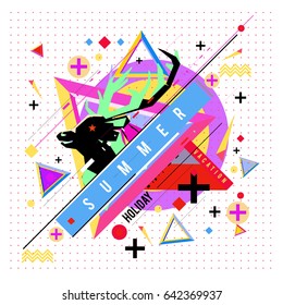 Trendy vector summer cards illustration with deer icon and abstract elements colorful textures. Design for poster, card, invitation, brochure, and promotion template. Fashion art print and background.