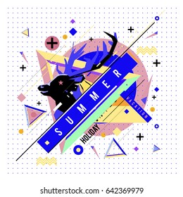 Trendy vector summer cards illustration with deer icon and abstract elements colorful textures. Design for poster, card, invitation, brochure, and promotion template. Fashion art print and background.