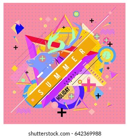 Trendy vector summer cards illustration with deer icon and abstract elements colorful textures. Design for poster, card, invitation, brochure, and promotion template. Fashion art print and background.