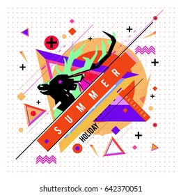 Trendy vector summer cards illustration with deer icon and abstract elements colorful textures. Design for poster, card, invitation, brochure, and promotion template. Fashion art print and background.