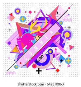 Trendy vector summer cards illustration with deer icon and abstract elements colorful textures. Design for poster, card, invitation, brochure, and promotion template. Fashion art print and background.