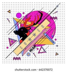 Trendy vector summer cards illustration with deer icon and abstract elements colorful textures. Design for poster, card, invitation, brochure, and promotion template. Fashion art print and background.