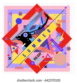 Trendy vector summer cards illustration with deer icon and abstract elements colorful textures. Design for poster, card, invitation, brochure, and promotion template. Fashion art print and background.