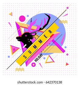 Trendy vector summer cards illustration with deer icon and abstract elements colorful textures. Design for poster, card, invitation, brochure, and promotion template. Fashion art print and background.