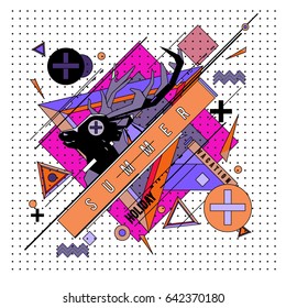 Trendy vector summer cards illustration with deer icon and abstract elements colorful textures. Design for poster, card, invitation, brochure, and promotion template. Fashion art print and background.