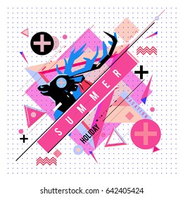 Trendy vector summer cards illustration with deer icon and abstract elements colorful textures. Design for poster, card, invitation, brochure, and promotion template. Fashion art print and background.