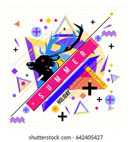 Trendy vector summer cards illustration with deer icon and abstract elements colorful textures. Design for poster, card, invitation, brochure, and promotion template. Fashion art print and background.