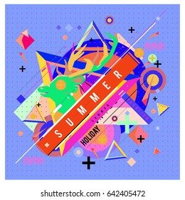 Trendy vector summer cards illustration with deer icon and abstract elements colorful textures. Design for poster, card, invitation, brochure, and promotion template. Fashion art print and background.