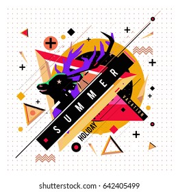 Trendy vector summer cards illustration with deer icon and abstract elements colorful textures. Design for poster, card, invitation, brochure, and promotion template. Fashion art print and background.
