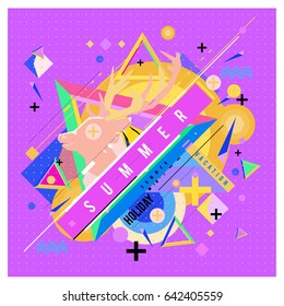 Trendy vector summer cards illustration with deer icon and abstract elements colorful textures. Design for poster, card, invitation, brochure, and promotion template. Fashion art print and background.