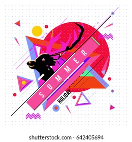 Trendy vector summer cards illustration with deer icon and abstract elements colorful textures. Design for poster, card, invitation, brochure, and promotion template. Fashion art print and background.