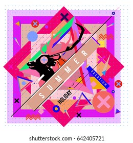 Trendy vector summer cards illustration with deer icon and abstract elements colorful textures. Design for poster, card, invitation, brochure, and promotion template. Fashion art print and background.