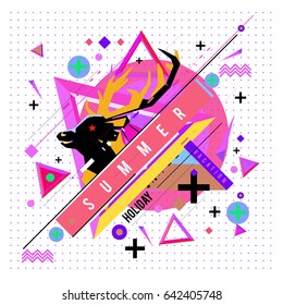 Trendy vector summer cards illustration with deer icon and abstract elements colorful textures. Design for poster, card, invitation, brochure, and promotion template. Fashion art print and background.