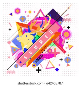 Trendy vector summer cards illustration with deer icon and abstract elements colorful textures. Design for poster, card, invitation, brochure, and promotion template. Fashion art print and background.