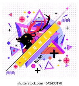 Trendy vector summer cards illustration with deer icon and abstract elements colorful textures. Design for poster, card, invitation, brochure, and promotion template. Fashion art print and background.