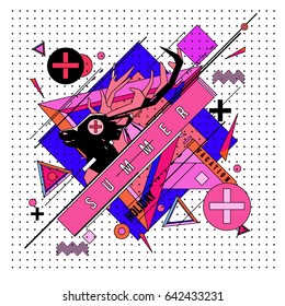 Trendy vector summer cards illustration with deer icon and abstract elements colorful textures. Design for poster, card, invitation, brochure, and promotion template. Fashion art print and background.