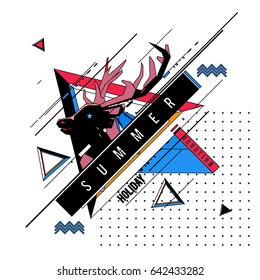 Trendy vector summer cards illustration with deer icon and abstract elements colorful textures. Design for poster, card, invitation, brochure, and promotion template. Fashion art print and background.