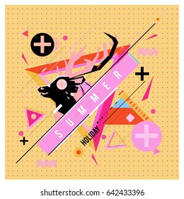 Trendy vector summer cards illustration with deer icon and abstract elements colorful textures. Design for poster, card, invitation, brochure, and promotion template. Fashion art print and background.