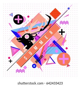 Trendy vector summer cards illustration with deer icon and abstract elements colorful textures. Design for poster, card, invitation, brochure, and promotion template. Fashion art print and background.