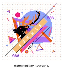 Trendy vector summer cards illustration with deer icon and abstract elements colorful textures. Design for poster, card, invitation, brochure, and promotion template. Fashion art print and background.