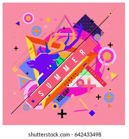 Trendy vector summer cards illustration with deer icon and abstract elements colorful textures. Design for poster, card, invitation, brochure, and promotion template. Fashion art print and background.