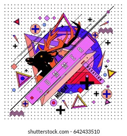 Trendy vector summer cards illustration with deer icon and abstract elements colorful textures. Design for poster, card, invitation, brochure, and promotion template. Fashion art print and background.