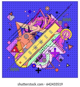 Trendy vector summer cards illustration with deer icon and abstract elements colorful textures. Design for poster, card, invitation, brochure, and promotion template. Fashion art print and background.