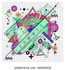 Trendy vector summer cards illustration with deer icon and abstract elements colorful textures. Design for poster, card, invitation, brochure, and promotion template. Fashion art print and background.