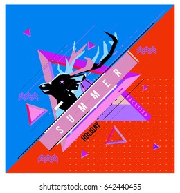 Trendy vector summer cards illustration with deer icon and abstract elements colorful textures. Design for poster, card, invitation, brochure, and promotion template. Fashion art print and background.