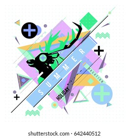 Trendy vector summer cards illustration with deer icon and abstract elements colorful textures. Design for poster, card, invitation, brochure, and promotion template. Fashion art print and background.