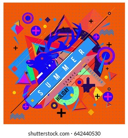 Trendy vector summer cards illustration with deer icon and abstract elements colorful textures. Design for poster, card, invitation, brochure, and promotion template. Fashion art print and background.