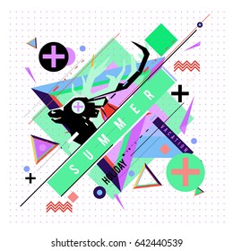 Trendy vector summer cards illustration with deer icon and abstract elements colorful textures. Design for poster, card, invitation, brochure, and promotion template. Fashion art print and background.