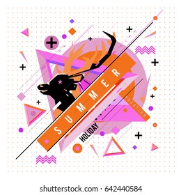 Trendy vector summer cards illustration with deer icon and abstract elements colorful textures. Design for poster, card, invitation, brochure, and promotion template. Fashion art print and background.
