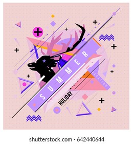Trendy vector summer cards illustration with deer icon and abstract elements colorful textures. Design for poster, card, invitation, brochure, and promotion template. Fashion art print and background.