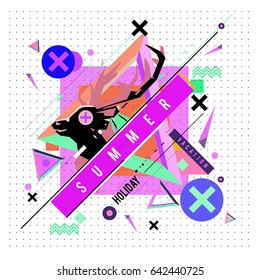 Trendy vector summer cards illustration with deer icon and abstract elements colorful textures. Design for poster, card, invitation, brochure, and promotion template. Fashion art print and background.