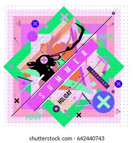 Trendy vector summer cards illustration with deer icon and abstract elements colorful textures. Design for poster, card, invitation, brochure, and promotion template. Fashion art print and background.