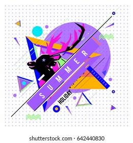 Trendy vector summer cards illustration with deer icon and abstract elements colorful textures. Design for poster, card, invitation, brochure, and promotion template. Fashion art print and background.