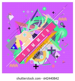 Trendy vector summer cards illustration with deer icon and abstract elements colorful textures. Design for poster, card, invitation, brochure, and promotion template. Fashion art print and background.