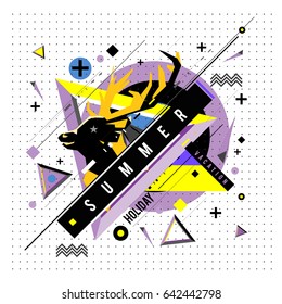 Trendy vector summer cards illustration with deer icon and abstract elements colorful textures. Design for poster, card, invitation, brochure, and promotion template. Fashion art print and background.