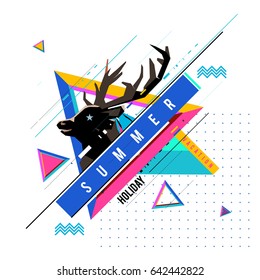 Trendy vector summer cards illustration with deer icon and abstract elements colorful textures. Design for poster, card, invitation, brochure, and promotion template. Fashion art print and background.